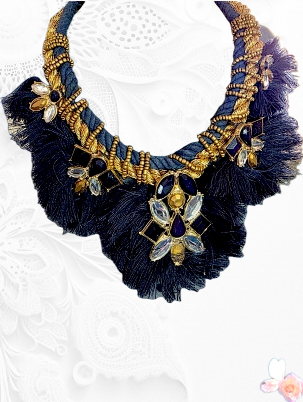 Veronese Boho Tassel Statement Necklace Gold Tone Navy Fringe Bib READ